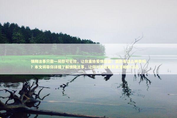 情降法事只需一周即可见效，让你重拾爱情甜蜜！真的有这么神奇吗？本文将带你详细了解情降法事，让你对其效果有更清晰的认识。 泰国情降法事预约